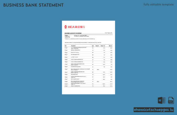 Beispielvorschau eines Geschäftskontoauszugs der BEA Hongkong im Word- und PDF-Format